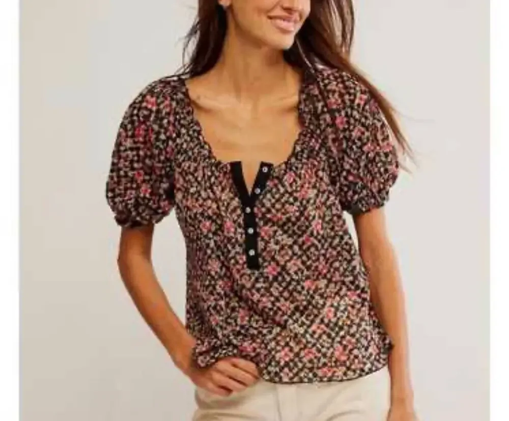 NWT Free People Astra Peasant Top in Black/Multi - M